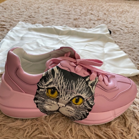 Gucci Rhyton Sneakers Mystic Cat Printed Pink Leather WOMEN 7 US or 36.5 EU - Picture 6 of 11